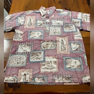 GO BAREFOOT Vintage Mens Model 1/4 Button Pullover Hawaiian Short Sleeve Shirt